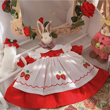 Baby Girls Summer Vintage Red White Strawberry Princess Dress Casual 100% Cotton Dress