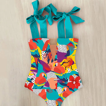 2024 New Sexy One Piece Swimsuit Shoulder Strappy Swimsuit Heart Print Swimwear Women Backless Bathing Suit Beach Wear Monokini