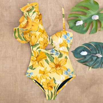 2024 New Arrival Ruffle Swimwear Single Shoulder One Piece Swimsuit Women Floral Printed Tropical Summer Beach Bathing Suit