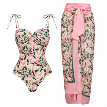 2023 Manufacture Swimsuit for Women Ladies Pink Floral Print Swimwear and Cover Up One Piece High Cut Push Up Bathing Suit