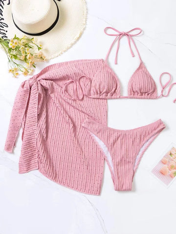 2024 Summer Halter Bikini 3 Pieces Women Special Material Sexy Thong Swimwear With Sarong Skirt White/Black/Pink/Green Beachwear