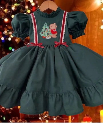 0-12Y Baby Girl Autumn Summer Green Bear Embroidery Turkish Vintage Lolita Princess Ball Gown Dress for Birthday Holiday Eid