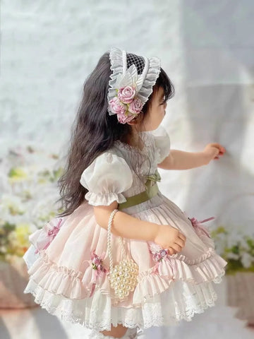 0-12Y Baby Girl Summer Light Green Pink Turkish Vintage Lolita Princess Ball Gown Dress for Birthday Holiday Casual Eid