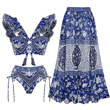 2024 V Neck Ruffle Bikini Swimsuit High Waist Swimwear for Women Halter Cut Out Two Piece Bathing Suits Print Summer Female