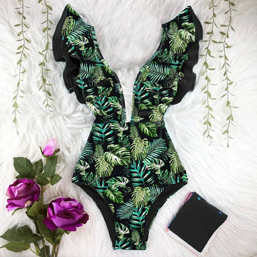 2024 New Arrival Ruffle Swimwear V-Neck Shoulder One Piece Swimsuit Women Floral Printed Tropical Summer Beach Bathing Suit