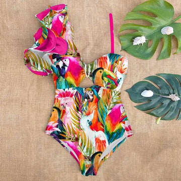 2024 New Sexy Ruffle Print Floral One Piece Strappy One shoulder Swimwear Women Swimsuit Bathing Suit Backless Beachwear Monkini