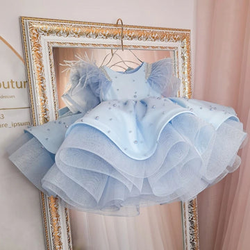 Cute Toddler Flower Girl Dresses Satin Pearls Bow Feather Wedding Birthday Ball Gown Tulle Ruffles Beaded Princess Party Dress