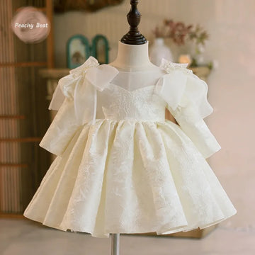 Fashion Baby Girl Princess Bow Pearl Dress Long Sleeve Infant Toddler Child Vestido Wedding Party Birthday Baby Clothes 12M-14Y
