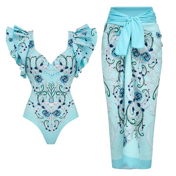 2024 New Vintage Print Plus Size Swimwear Ruffles Push Up Slimming Women's Swimsuit One Piece Bodysuit Two Piece Bathing Suit