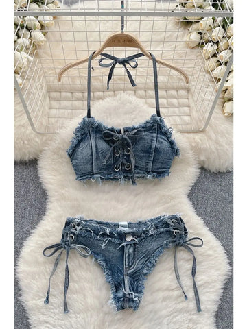 2024 Women's Bikinis Set Summer Sexy Denim Strap Bra Vest and Low Waist Shorts Bathing Suit Swimsuit  Swimwear