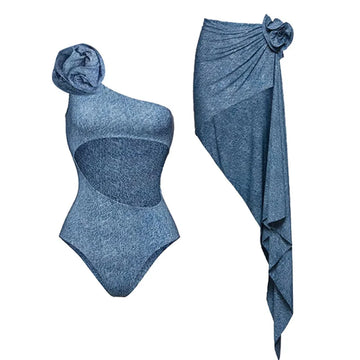 2024 New Sexy High Waist 3D Flower Bikini Set Denim Print Women Swimwear Brazilian Swimsuit Skirt Beach Bath Suit Dress