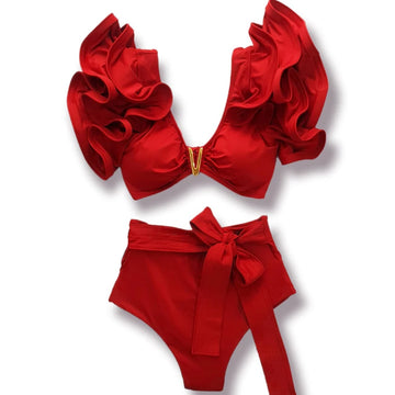 2023 New Sexy High Waist Bikini Sets Ruffle Swimwear Women Swimsuit Print Floral Dots V-neck Beach Wear Bathing Suits Biquini
