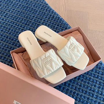 2023 summer new fashion anti-slip square head letter flat outside to wear slippers female leather shoes for women