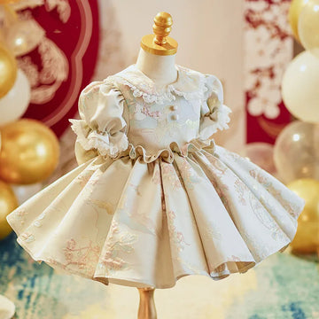 2024 Gala Elegant Dress for Baby Girls Kids Printed Ruched with Bow Clothing Birthday Party Children Pageant Fomal Dresses 1-7 Y