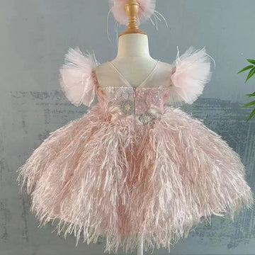 New Children's Princess Evening Gown Bow Sequin Feather Stitching Design Wedding Birthday Baptism Eid Party Girls Dresses A3454