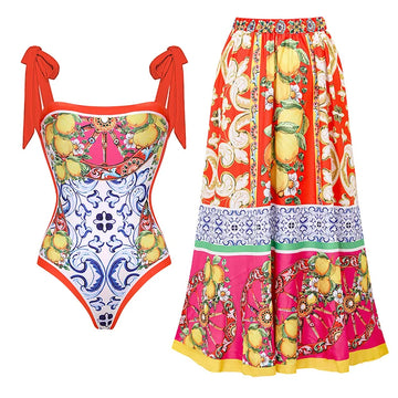 2024 Women's swimsuit Vintage Off Shoulder Printed Onepiece  bikini set Swimsuit Sarong  Summer Swimwear Beachwear Bathing suit