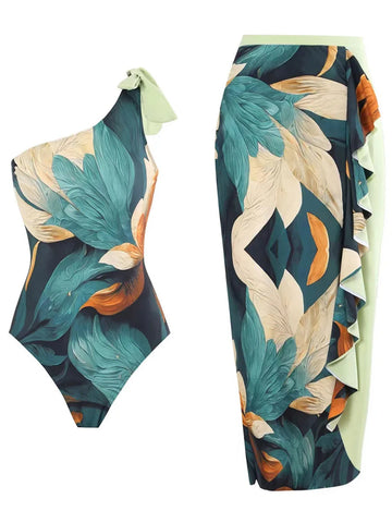 2024 One Shoulder Swimsuit & Long Skirt Padded Sexy Swimwear Women Bathing Suit Female Swimming Summer Beachwear Bodysuit