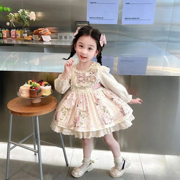 Autumn Cute Bear kids Vestido Spanish Girl Dress Baby Bow Princess Long sleeve  Lolita Dress For Girl Birthday outfit Lace