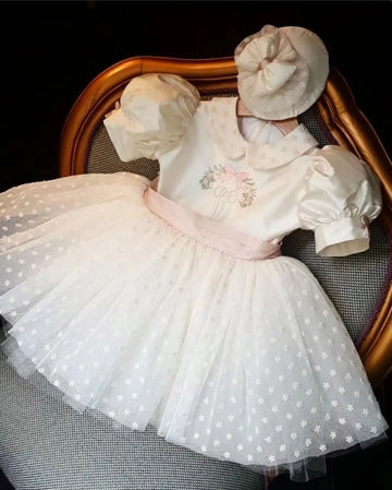 Baby Girl Summer White Flower Embroidery Turkish Vintage Lolita Princess Ball Gown Dress for Birthday Eid