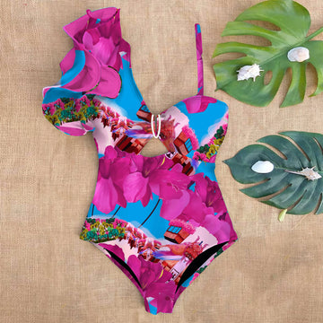 2024 New Sexy Ruffle Print Floral One Piece Strappy One shoulder Swimwear Women Swimsuit Bathing Suit Backless Beachwear Monkini