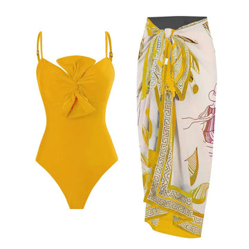 Bow Front One Piece Swimsuit with Skirt for Women 2024 New Swimwear Female Retro Backless Monokini Cover Up Beach Bathing Suit