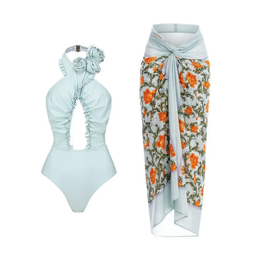2024 Sexy 3D Flower One Piece Swimsuit Skirt Summer Women Halter Print Swimwear Beach Dress Cover Up Monokini Bathing Suit