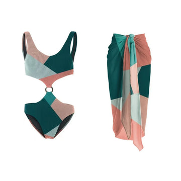 2024 new color contrast one-piece bikini two-piece cross-border wishi gauze skirt holiday bathing suit