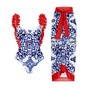 1 Set Women Monokini Printed Strap Backless Vintage Retro Pool Wearing Polyester Lady Beach Monokini with Long Dress Surf Clothi