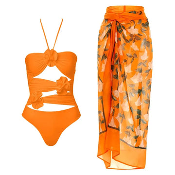2024 Sexy 3D Flower One Piece Swimsuit Skirt Summer Women Halter Print Swimwear Beach Dress Cover Up Monokini Bathing Suit