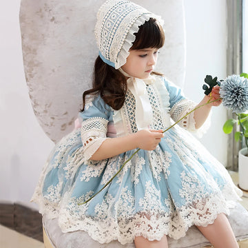3PCS Autumn New Spanish Lolita Princess Dress Lace Stitching Sweet Cute Dresses For Girl 12M-6T