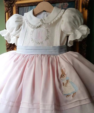 Baby Girl Summer Pink Rabbit Embroidery Turkish Vintage Lolita Princess Ball Gown Dress for Birthday Holiday Casual Eid