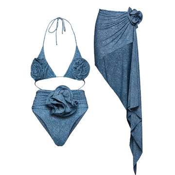 2024 New Sexy High Waist 3D Flower Bikini Set Denim Print Women Swimwear Brazilian Swimsuit Skirt Beach Bath Suit Dress