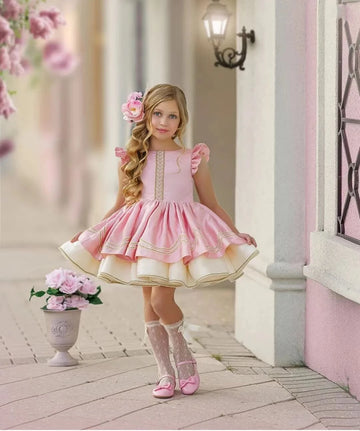 0-8Y Baby Girl Spring Summer Pink Vintage Spanish Princess Ball Gown Dress for Eid Causal