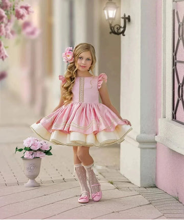 Baby Girl Spring Summer Pink Vintage Spanish Princess Ball Gown Dress for Eid Causal