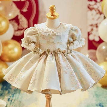 2024 Gala Elegant Dress for Baby Girls Kids Printed Ruched with Bow Clothing Birthday Party Children Pageant Fomal Dresses 1-7 Y