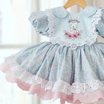 0-12Y Baby Girl Summer Floral Rabbit Embroidery Turkish Vintage Lolita Princess Ball Gown Dress for Birthday Holiday Casual Eid