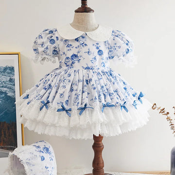 Cekcya 2024 New Children Spanish Floral Dressses Girls Spain Lolita Princess Dress Kids Ball Gowns with Hat Baby Frock