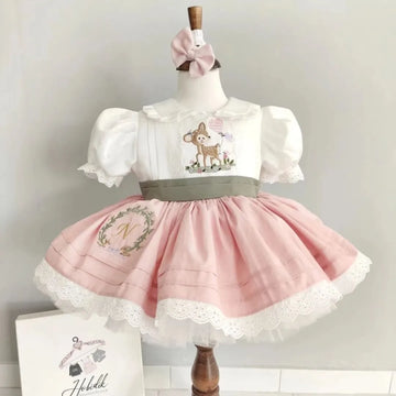 0-12Y Baby Girl Summer Pink Deer Embroidery Turkish Vintage Lolita Princess Ball Gown Dress for Birthday Holiday Casual Eid