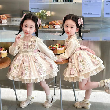 Autumn Cute Bear kids Vestido Spanish Girl Dress Baby Bow Princess Long sleeve  Lolita Dress For Girl Birthday outfit Lace