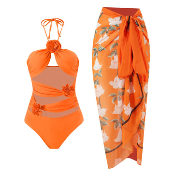 2024 Sexy 3D Flower Bikini Set Swimwear Women One Piece Swimsuit Vintage Monokini Bathing Suit Dress Summer Beach Skirt