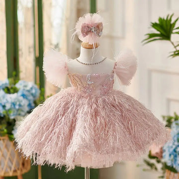 New Children's Princess Evening Gown Bow Sequin Feather Stitching Design Wedding Birthday Baptism Eid Party Girls Dresses A3454