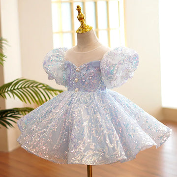 Kids Birthday Party Dresses for Little Girl Size 2 To 14 Years Prom Sequin Dress 2023 Luxury Gowns Sky Blue Evening Formal Frock
