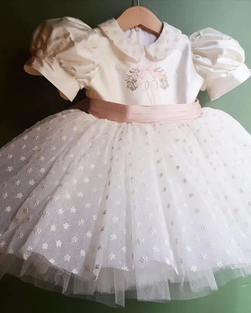 Baby Girl Summer White Flower Embroidery Turkish Vintage Lolita Princess Ball Gown Dress for Birthday Eid