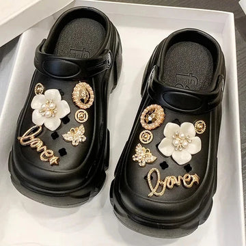 Bling Pearls Diamond Cute Bear Decor Vented Clogs Slides 7CM Platfrom Outdoor Beach Sandals Summer Girls Slippers Women Shoes