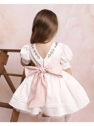 1-12Y Baby Girl Summer Handmade Embroidery White Dress for Birthday Wedding Baptism Eid Casual