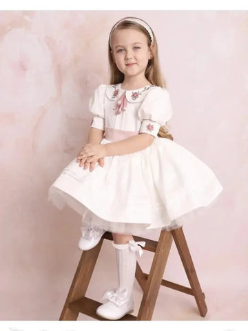 1-12Y Baby Girl Summer Handmade Embroidery White Dress for Birthday Wedding Baptism Eid Casual