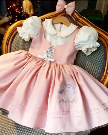 0-12Y Baby Girl Summer Pink Unicorn Embroidery Turkish Vintage Princess Ball Gown Dress for Birthday Holiday Easter Eid