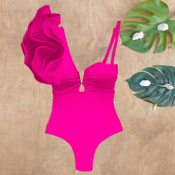 2024 New Arrival Ruffle Swimwear Single Shoulder One Piece Swimsuit Women Floral Printed Tropical Summer Beach Bathing Suit
