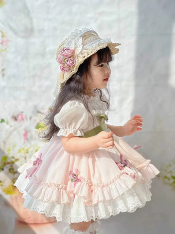 0-12Y Baby Girl Summer Light Green Pink Turkish Vintage Lolita Princess Ball Gown Dress for Birthday Holiday Casual Eid
