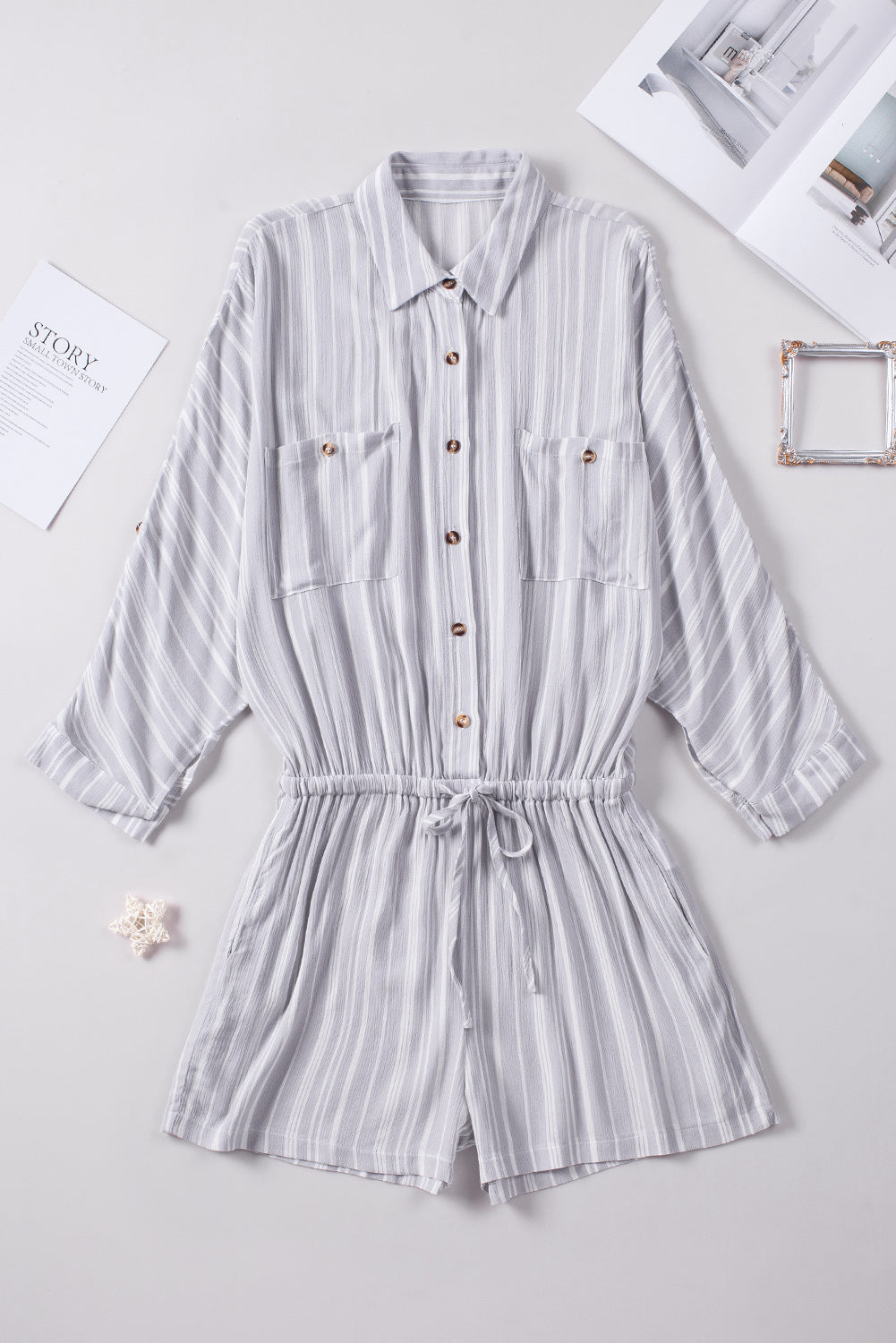 Striped Button Front Drawstring Waist Romper - Outlets Forever